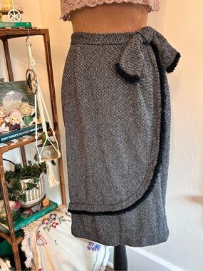 Grey Tweed Faux Wrap Pencil Skirt w Black Fringe & Bow by Alice of California